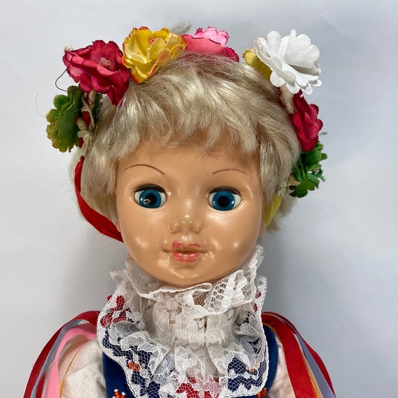 European Ethnic Dressed Sleepy Eye Vinyl Doll Short Blond Hair Ribbons 18" Tall - Picture 2 of 15